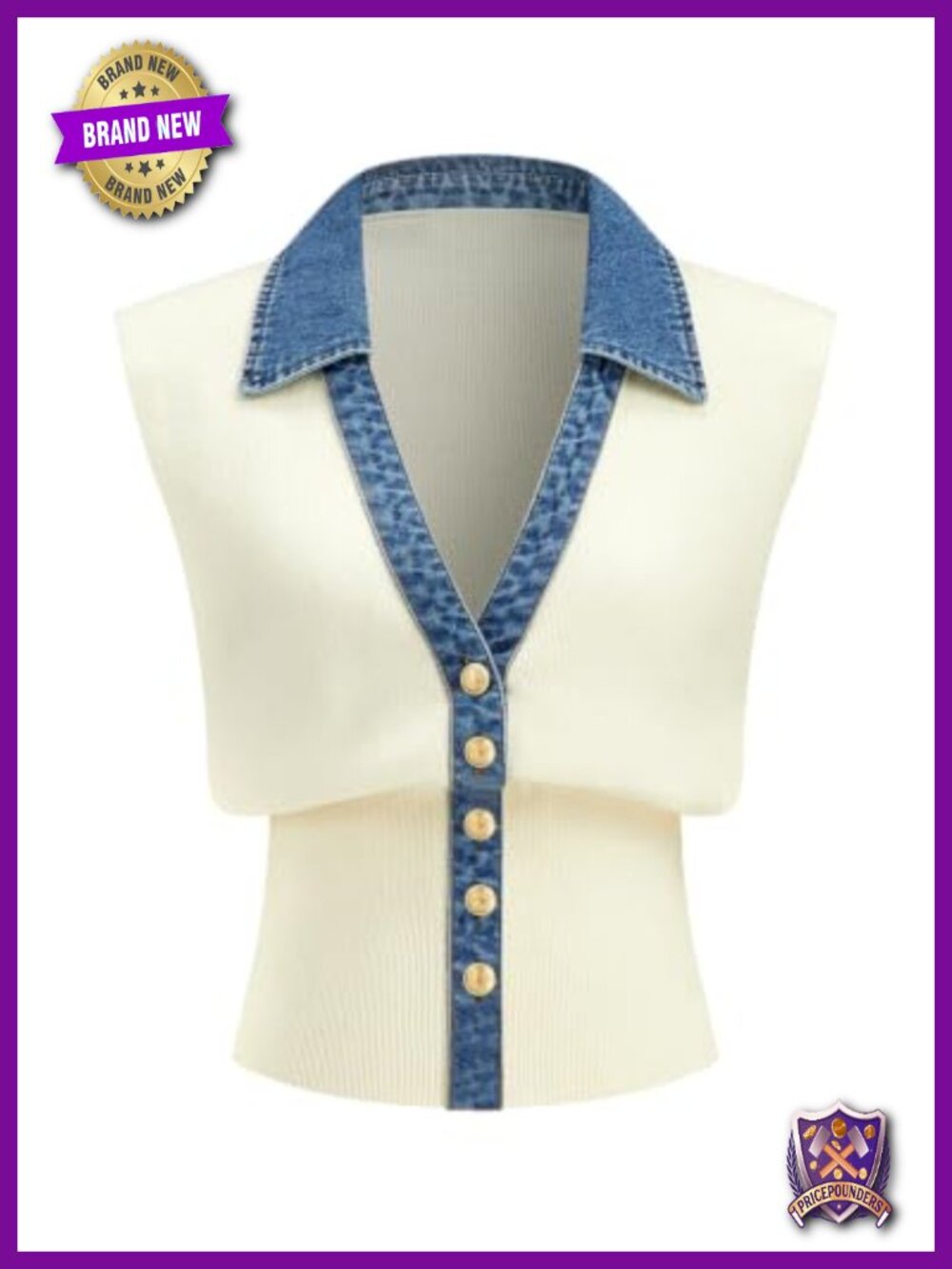 Sleeveless Knit Sweater Vest V-Neck Denim Trim Buttoned